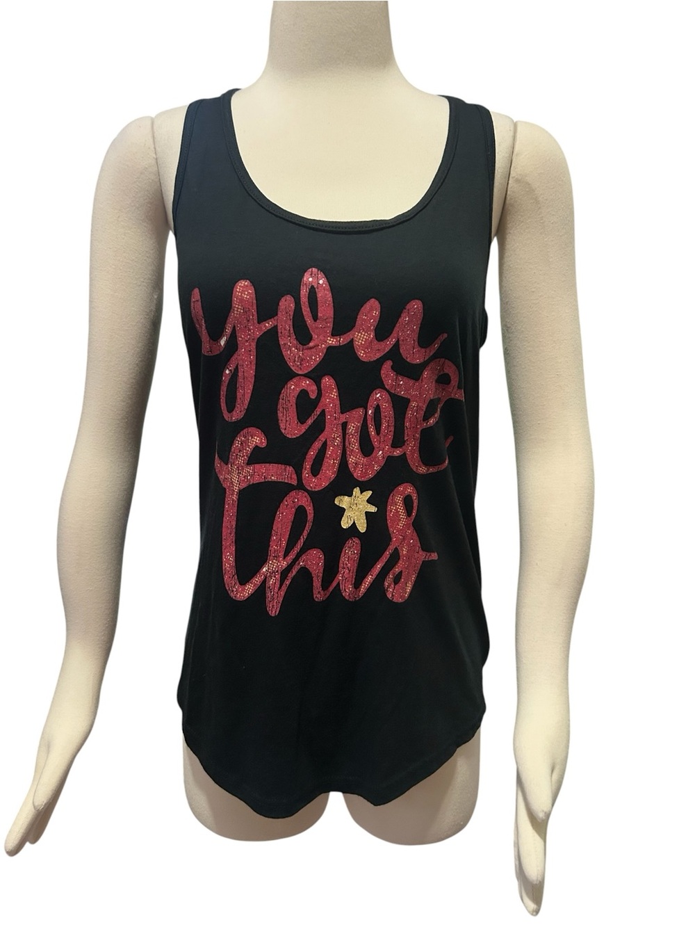 Anvil Black Tank Top with Red Glitter Script and Gold Star